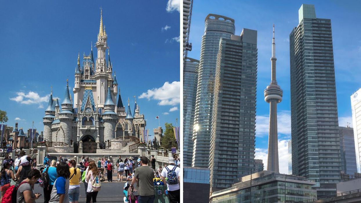 Disney castle. Right: CN Tower in Toronto.