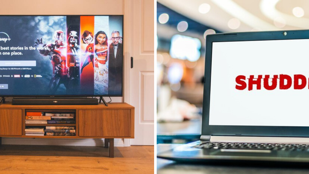 Disney+ on a television. Right: Shudder on a laptop.