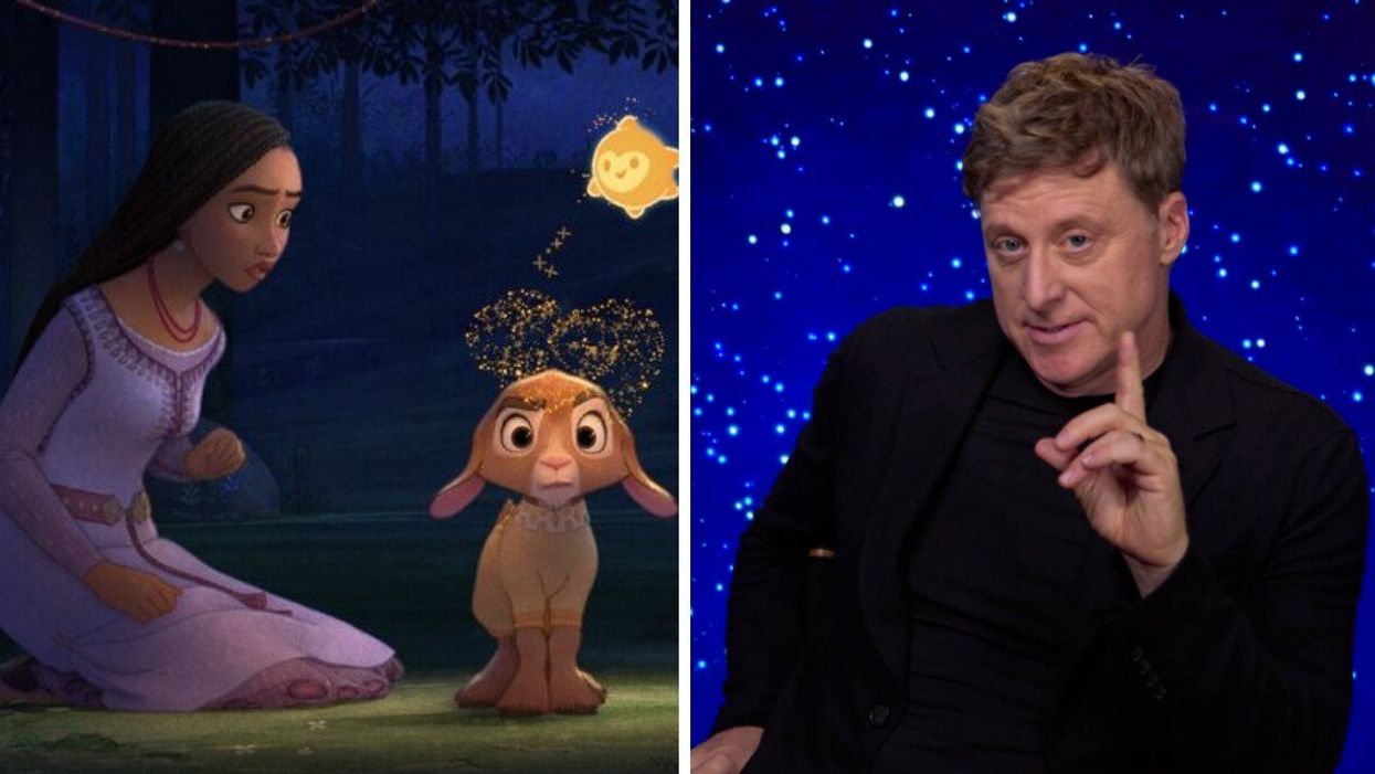 Disney's Asha looking surprised at Valentino the goat while a star hovers over him in the movie Wish.
