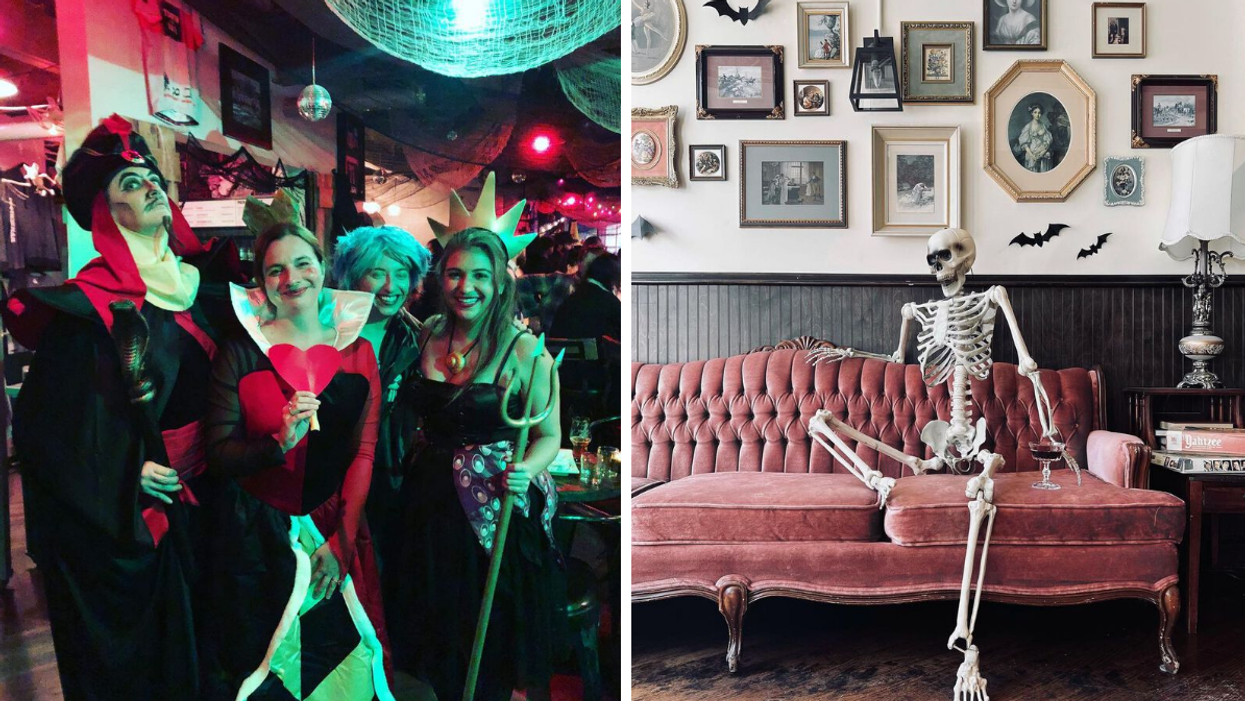 Disney villain costumes at a Halloween party. Right: Skeleton sitting on a couch.