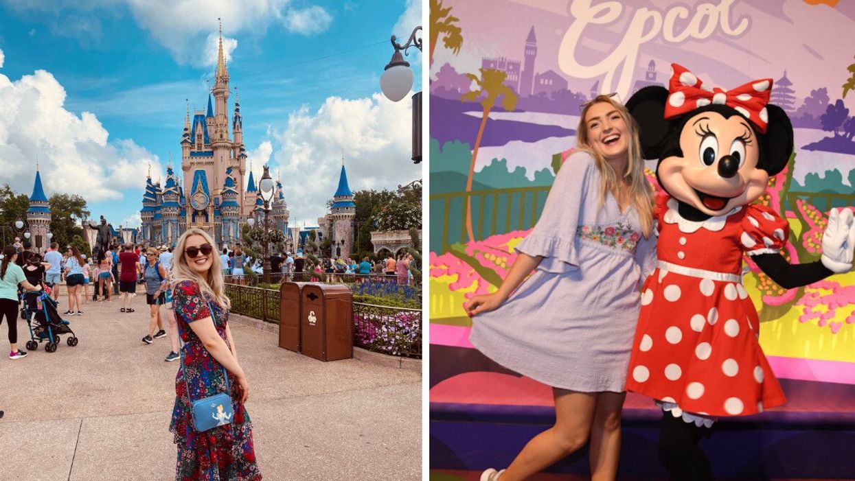 Disney World's Magic Kingdom park. Right: Minnie Mouse poses.