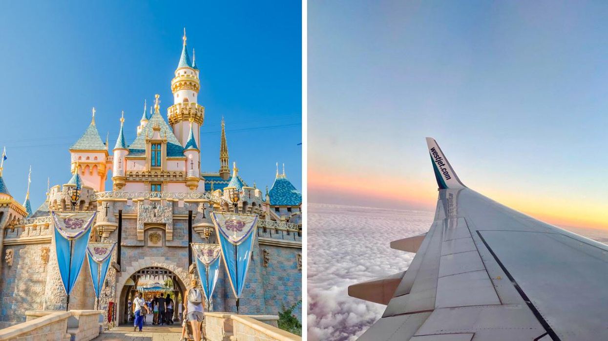 Disneyland in California. Right: The wing of a WestJet plane.