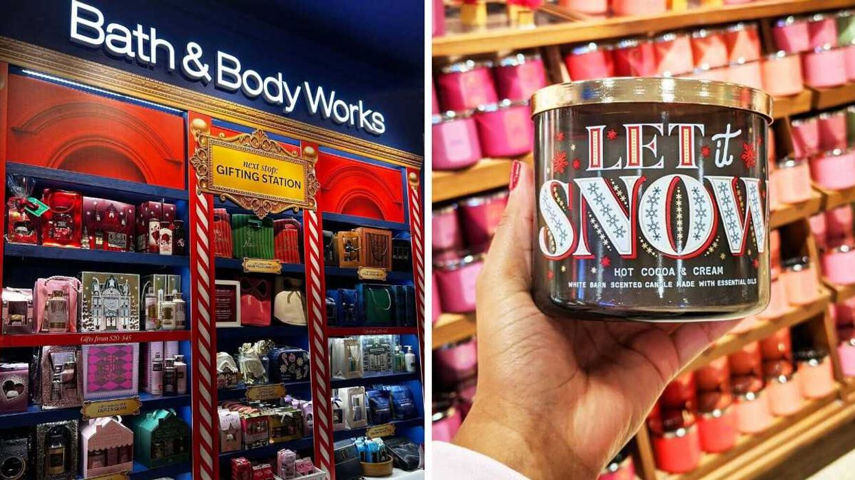 display in a bath and body works store. right: person holding bath and body works three-wick candle