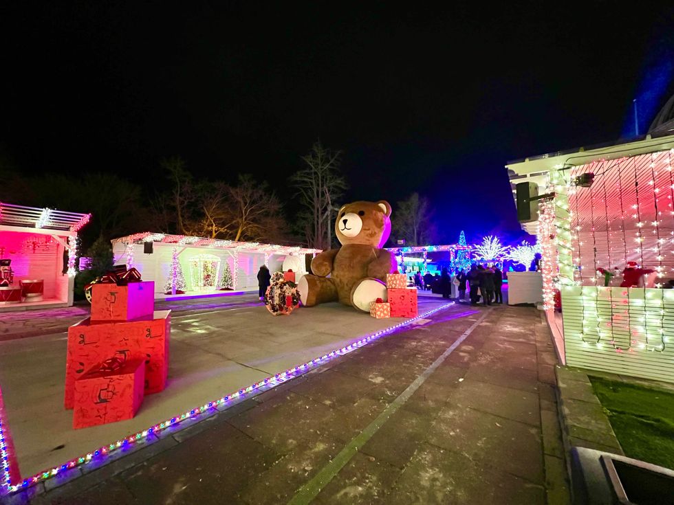 Displays and giant teddy bear.