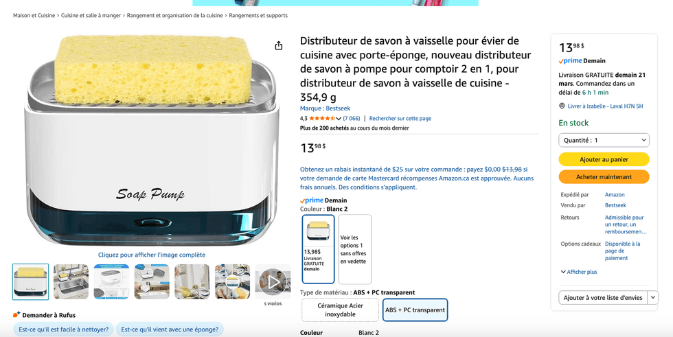 Distributeur de savon \u00e0 vaisselle pour \u00e9vier de cuisine avec porte-\u00e9ponge.