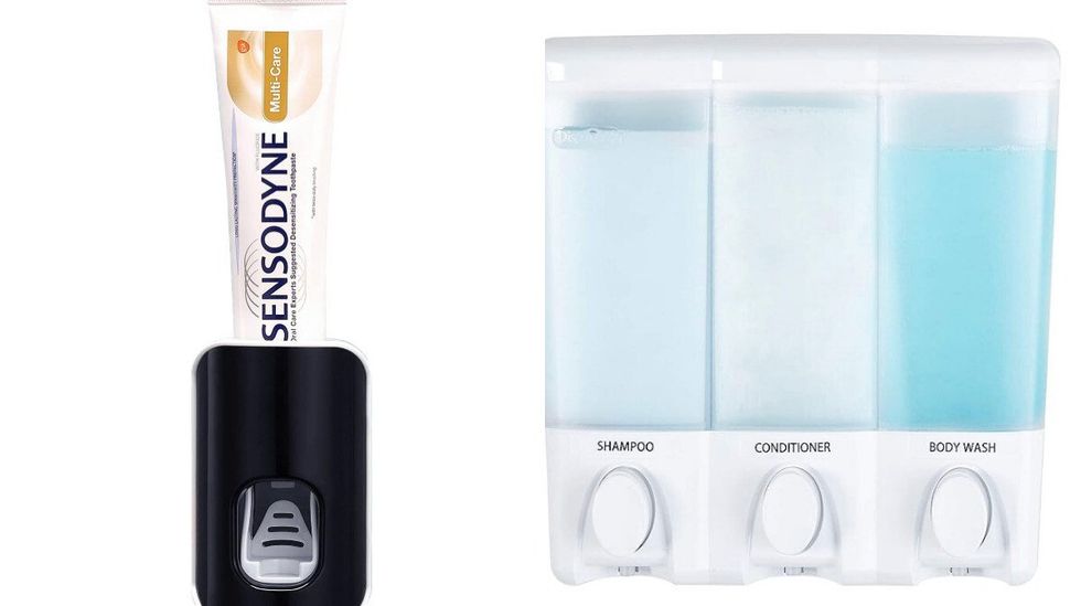 Distributeur \u00e0 p\u00e2te \u00e0 dent. Droite : Distributeur \u00e0 shampoing.