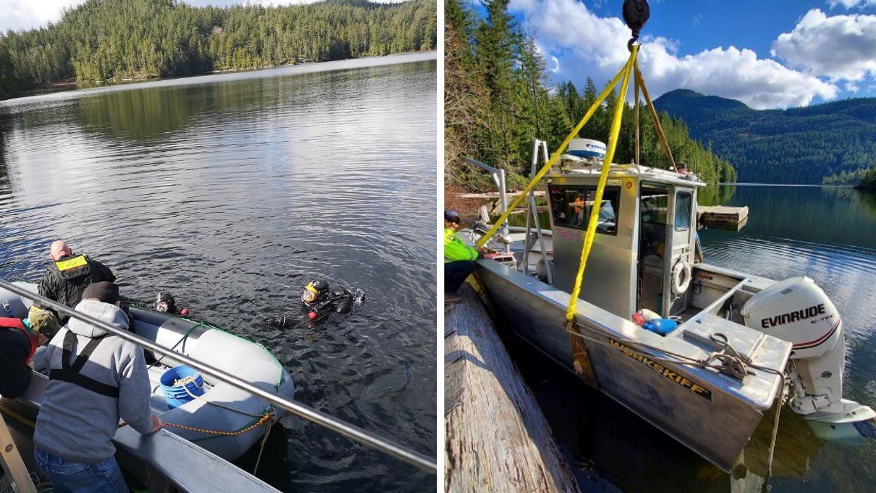 Divers attempting to find the missing person. Right: a boat used for searching for the missing person.