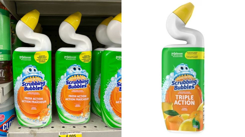Divers nettoyants pour cuvette Scrubbing Bubbles au Dollarama. Droite : Nettoyant pour cuvette Scrubbing Bubbles Triple Action.