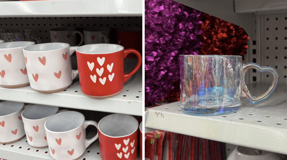 Diverses tasses \u00e0 th\u00e9matique Saint-Valentin vendues au Dollarama.