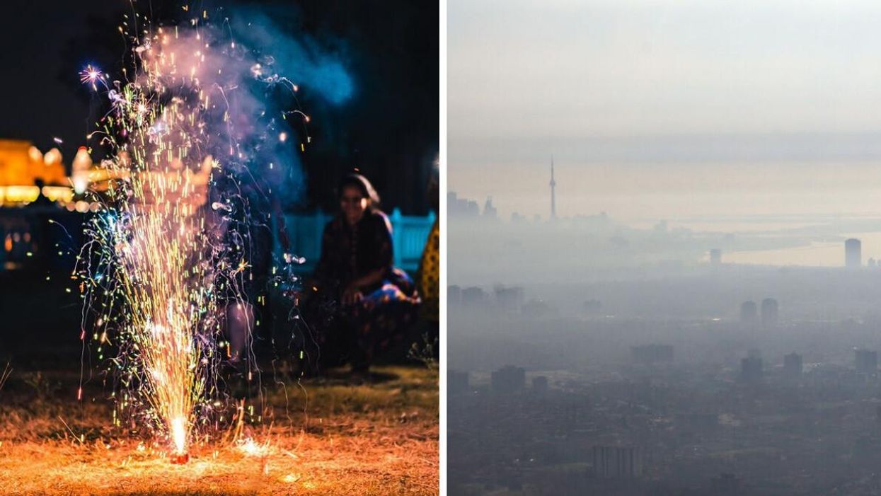 Diwali fireworks in Mississauga. Right: A smoggy Toronto.