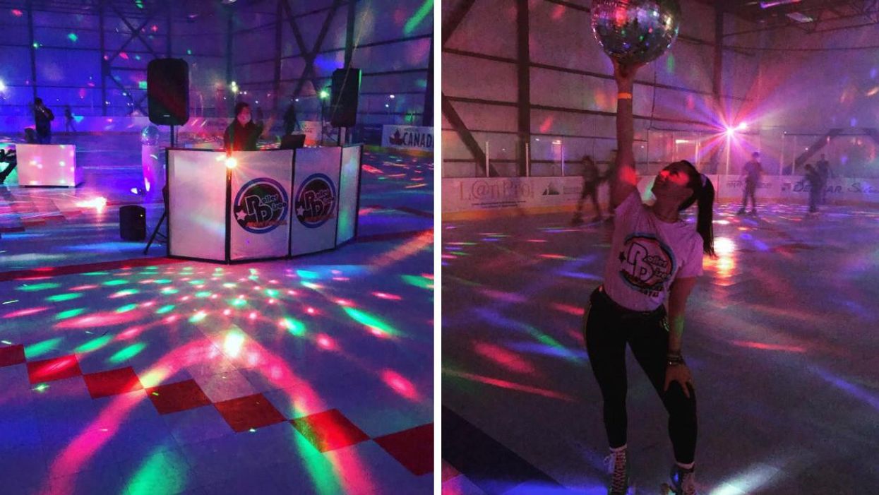 DJ à un party disco en patins à roulettes à Montréal. Droite : Une personne en patins à roulettes tient une boule de disco au-dessus d'elle.