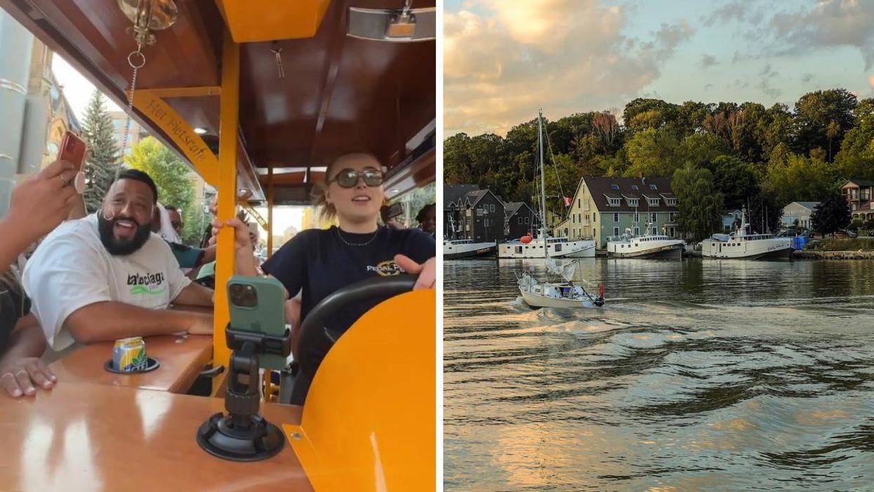DJ Khaled commandeering a pedal pub in Toronto. Right: Shoreline of Port Stanley, Ontario.