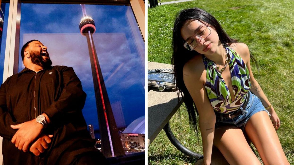 DJ Khaled posing beside the CN Tower. Right: Dua Lipa sitting on a bench in Montreal.
