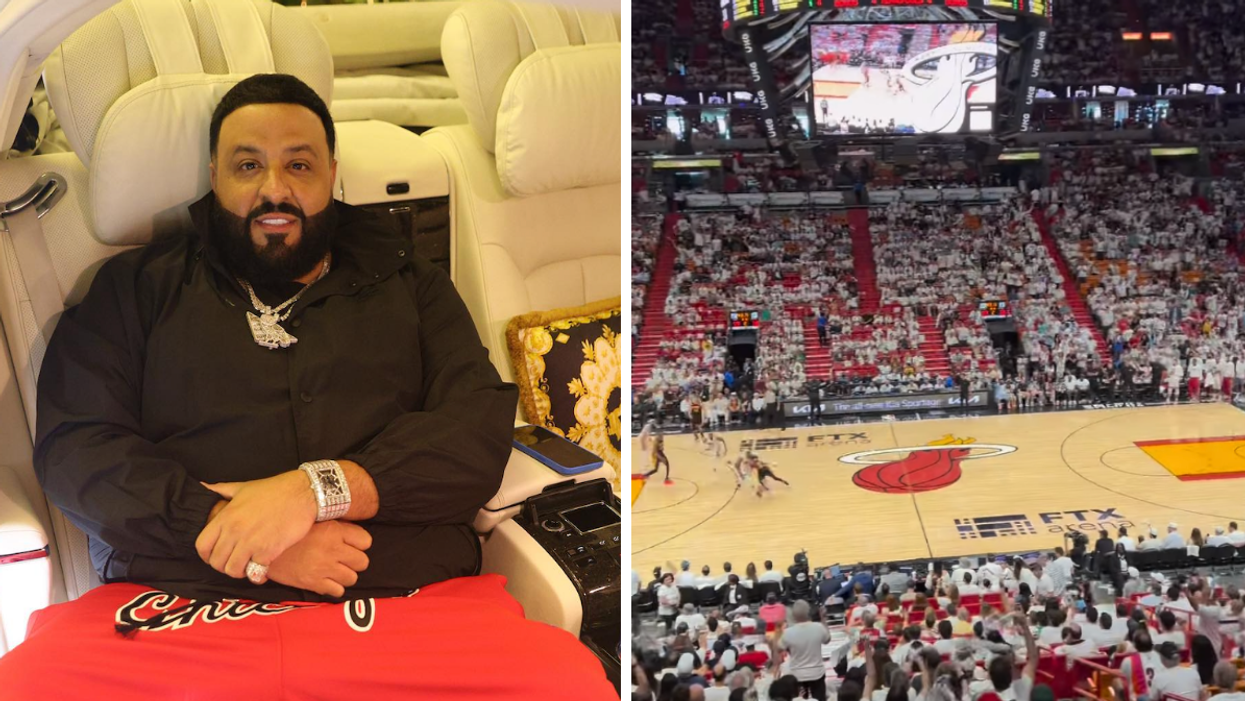 DJ Khaled sitting in a car. Right: A screenshot of the Miami Heat basketball court.