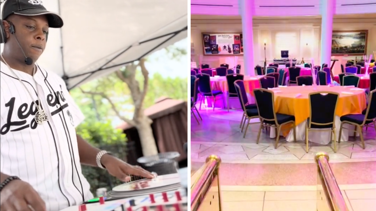 DJ Michael Wycoff performing a set. Right: An event at The American Adventure Rotunda in Epcot.