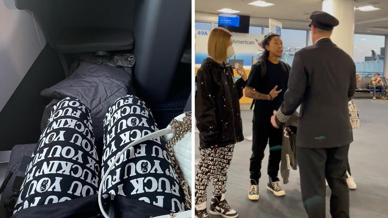 DJ Soda's pants. Right: DJ Soda and her manager speaking to an American Airlines employee.