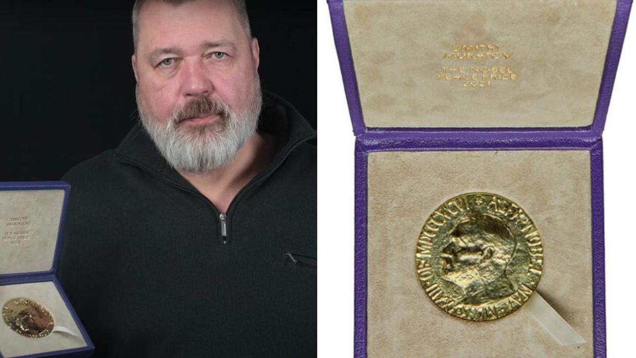 Dmitry Muratov with his Nobel Prize. Right: the Nobel prize.
