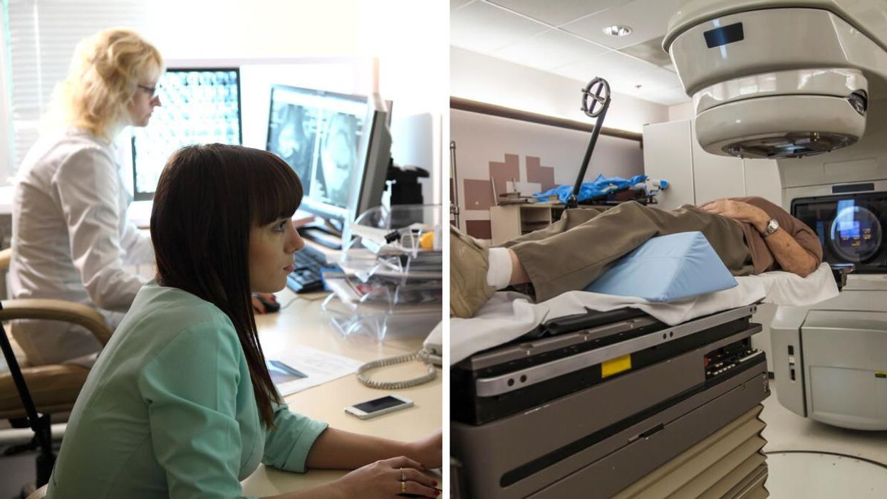 Doctors looking at MRI scans. Right: A Cancer patient getting a test done.