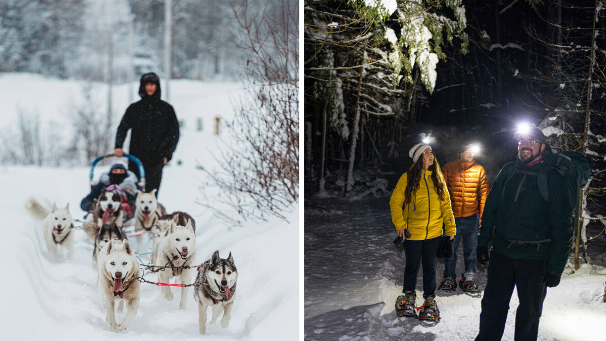 Dog sledding tour near Ottawa. Right: Snowshoeing in the dark.