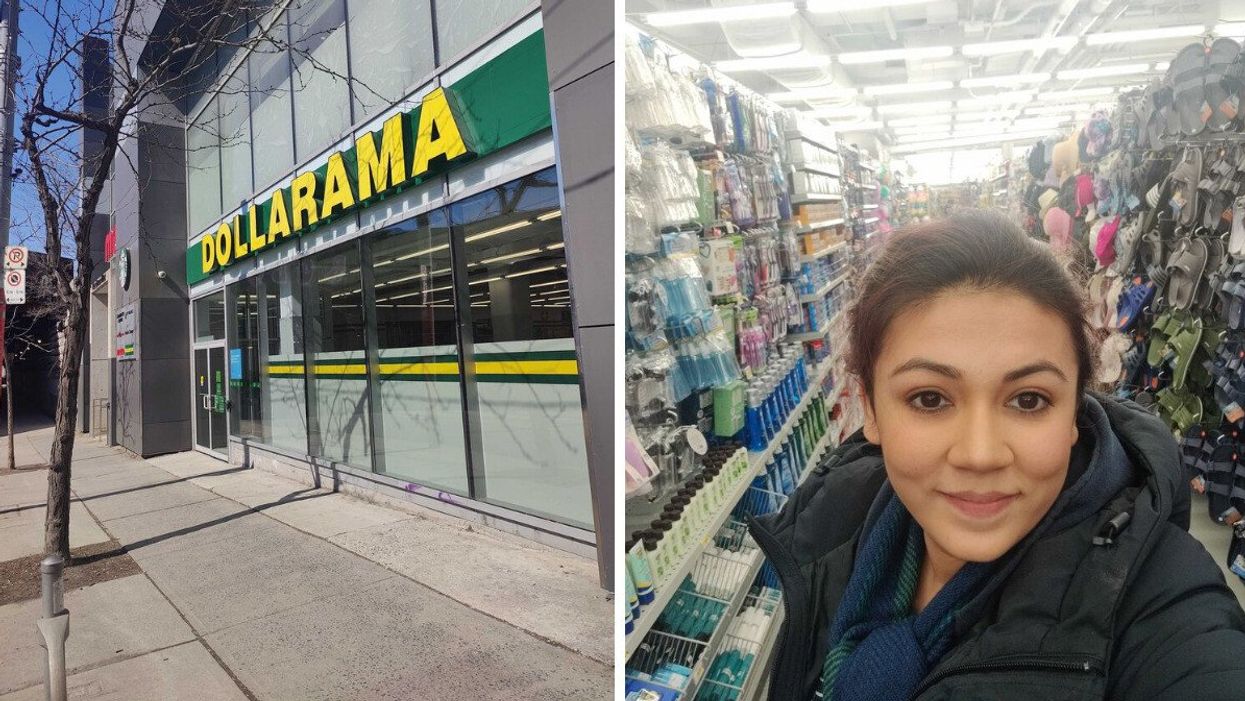 Dollarama entrance. Right: Rhythm Sachdeva inside the store.