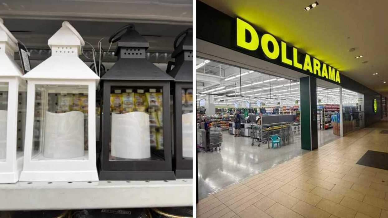 Dollarama lamps on a shelf. Right: A Dollarama store.