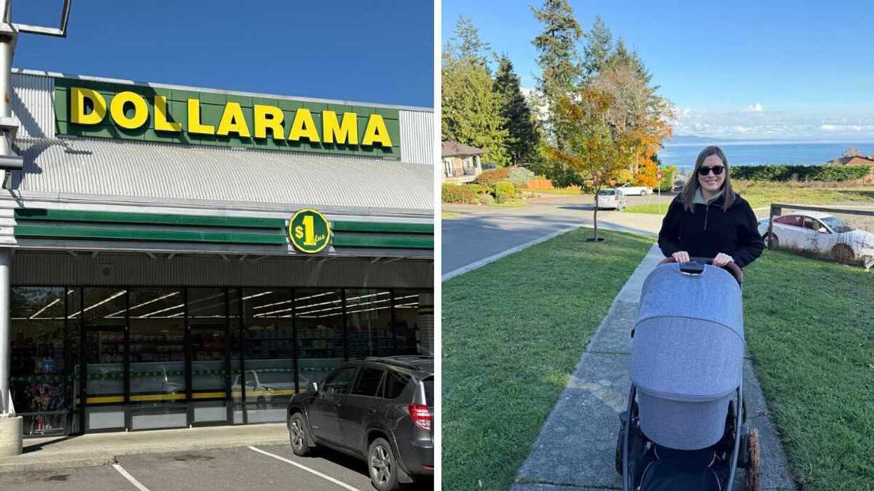 Dollarama. Right: Someone pushing a stroller.