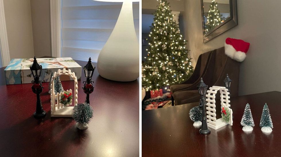 dollarama's winter village accessories on a table in front of a book and a lamp. right: winter village from dollarama on a table with a christmas tree in the background