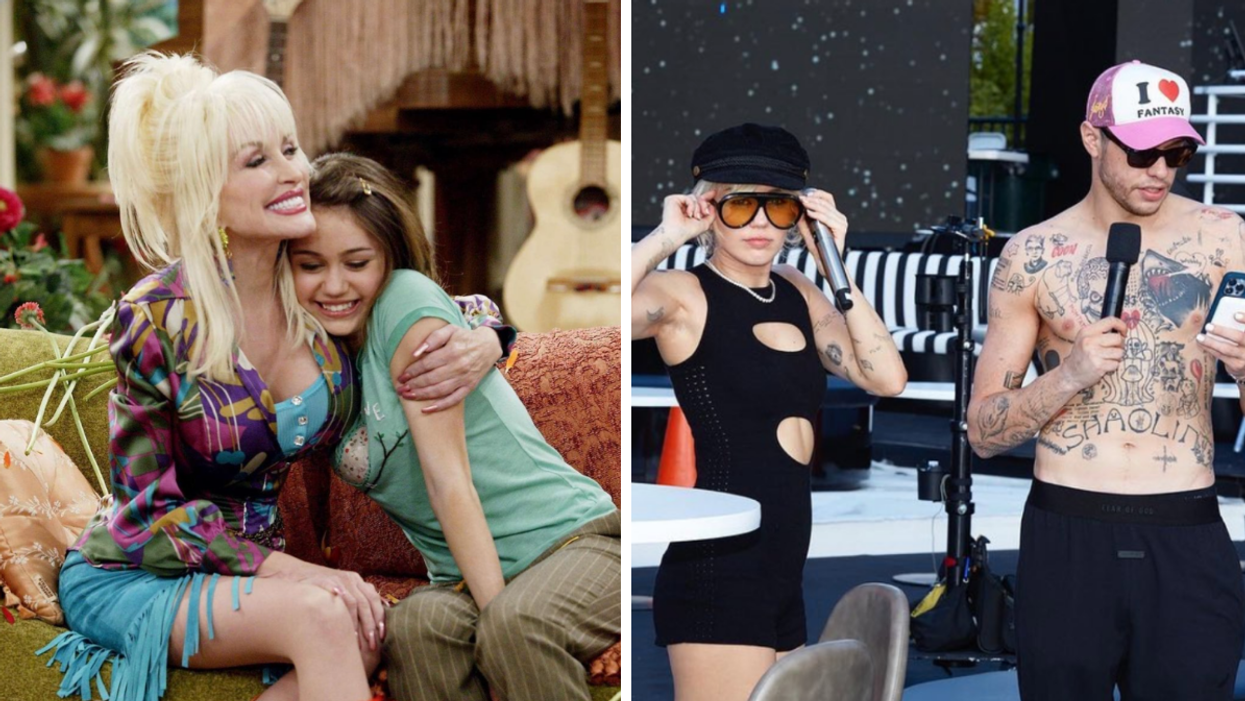 Dolly Parton and Miley Cyrus. Right: Miley Cyrus and Pete Davidson.