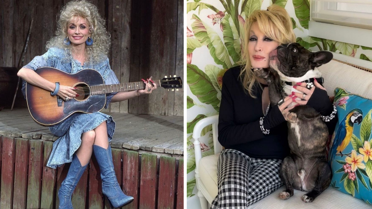 Dolly Parton wearing a blue denim outfit holding a guitar. Right: Parton with her dog Billy the Kid.