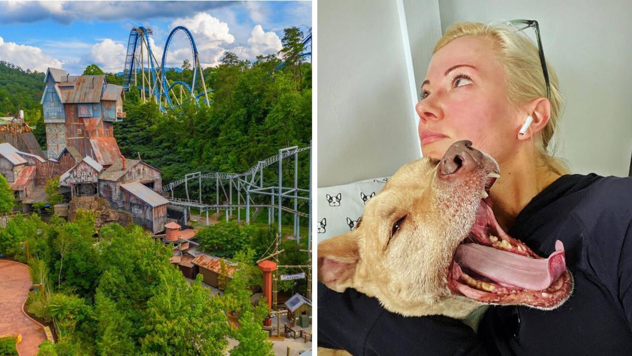 Dollywood Theme Park. Right: Sarma and Leon her dog.