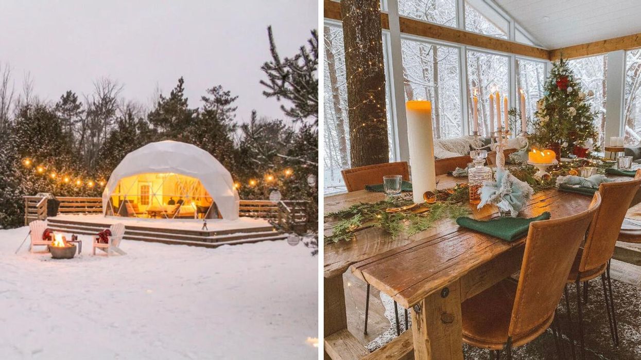 Dome with string lights surrounded by snow. Right: Christmas decorations and tree with snowy landscape.
