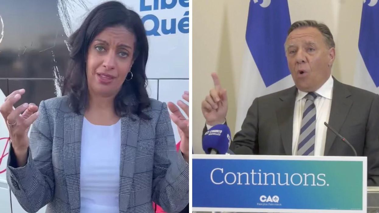 Dominique Anglade. Droite : François Legault.