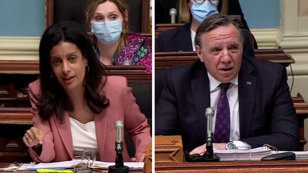 Dominique Anglade. Droite : François Legault.