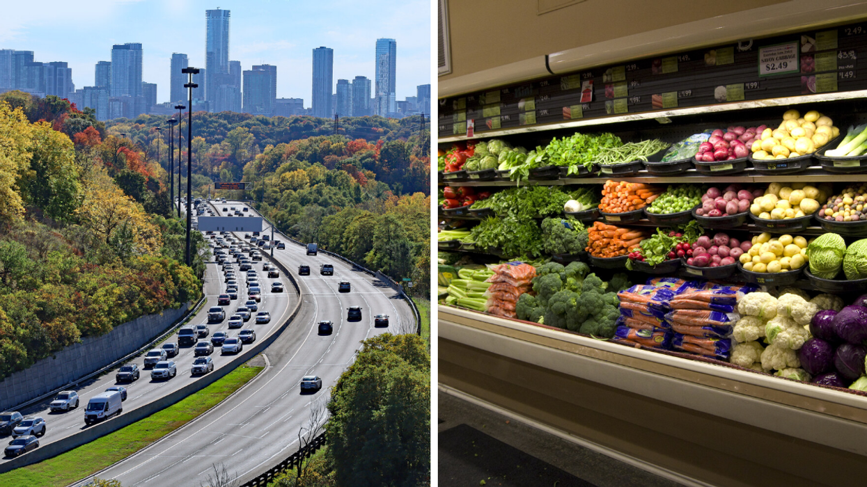 Don Valley Parkway in the fall. Right: Produce in a grocery store.