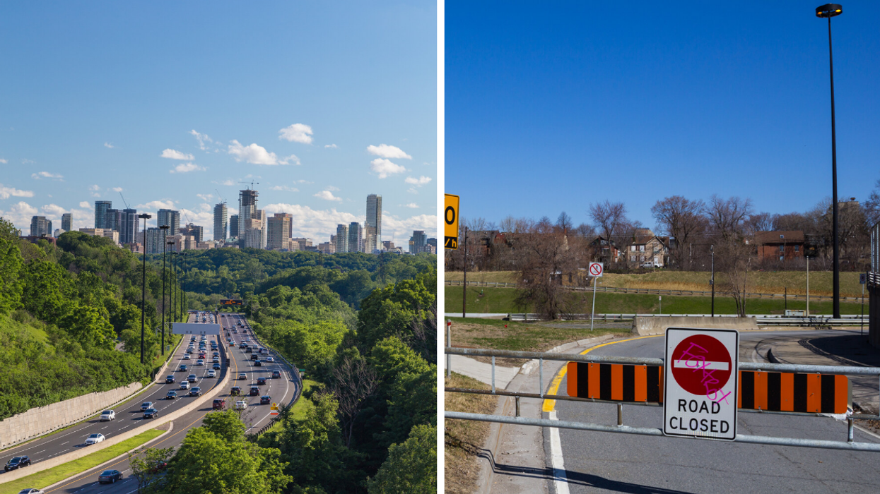 Don Valley Parkway. Right: A road closed sign.