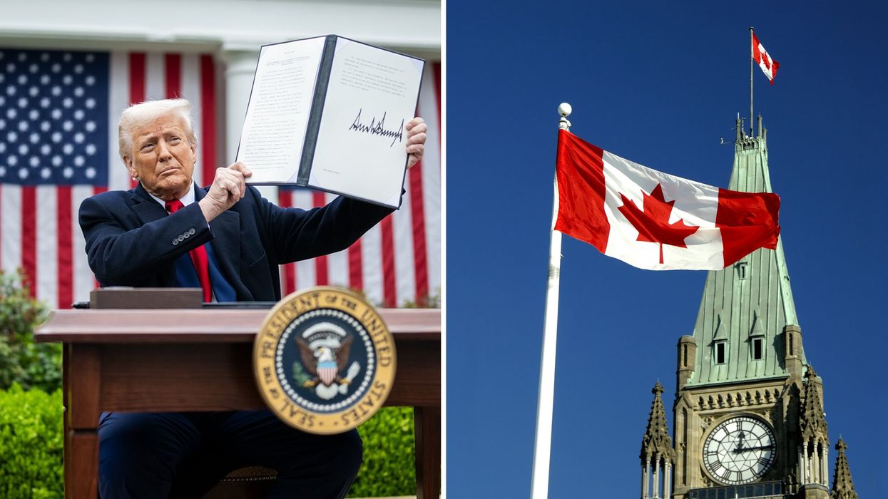 Donald Trump. À droite : drapeau canadien.