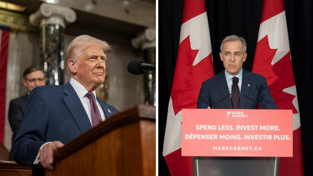 Donald Trump. À droite : Mark Carney