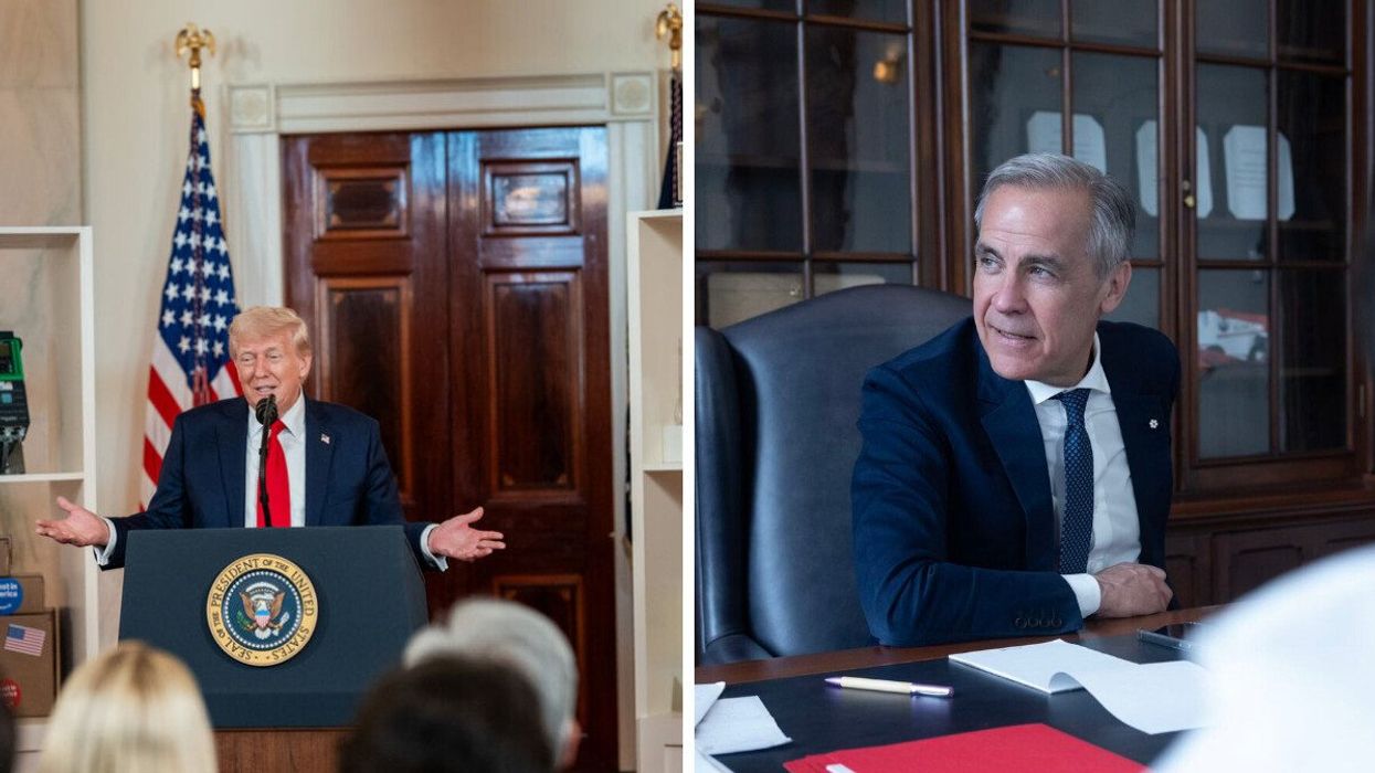donald trump at a podium in front of an american flag. right: mark carney sitting at a desk