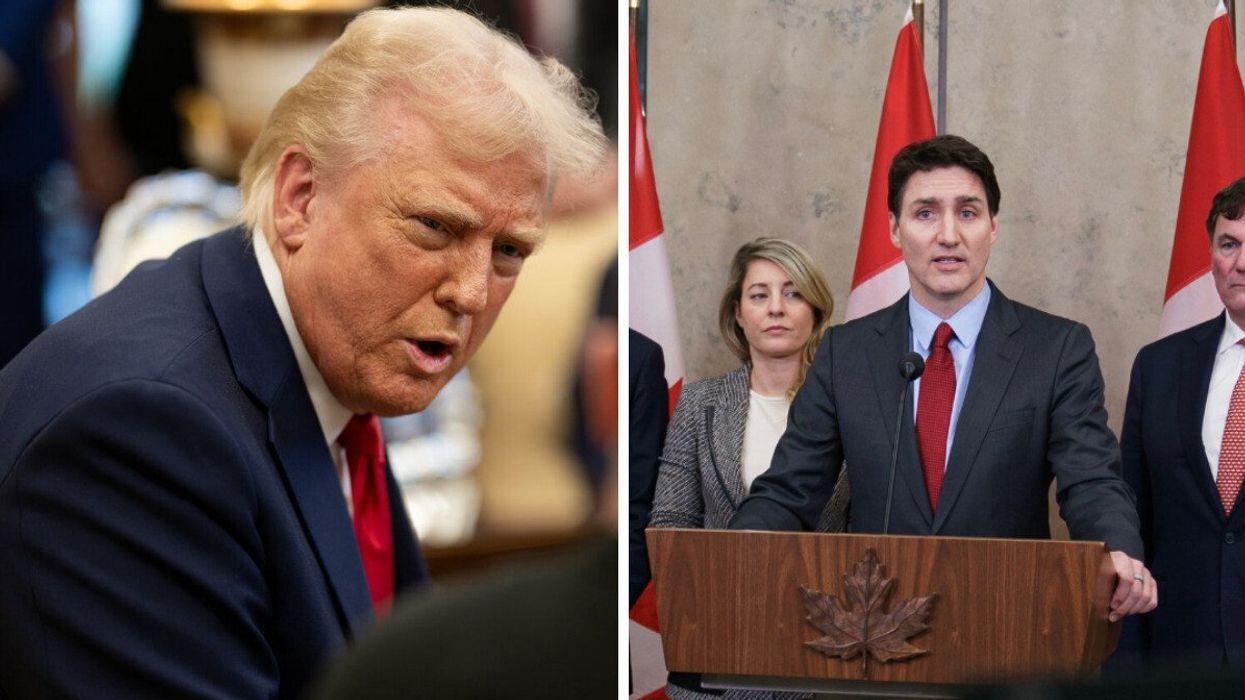 Donald Trump. Droite : Justin Trudeau en point de presse.