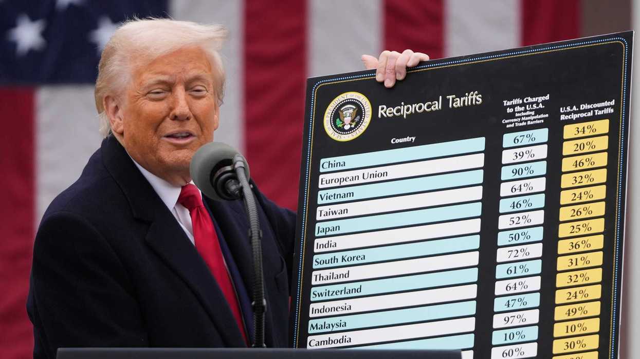 Donald Trump holds up a poster titled "Reciprocal Tariffs" with a list of countries and tariff levels.