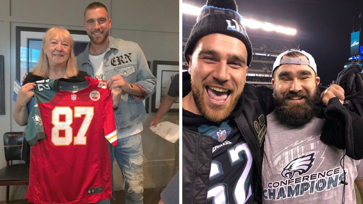 Donna and Travis Kelce holding a football jersey. Right: Kelce with his brother Jason.