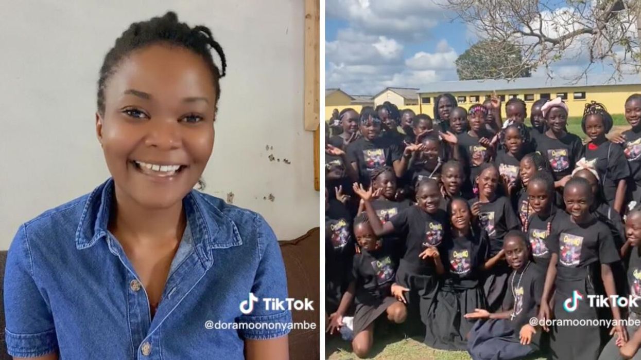 Dora Moono Nyambe in her TikTok video. Right: The kids that Nyambe fosters in Zambia.