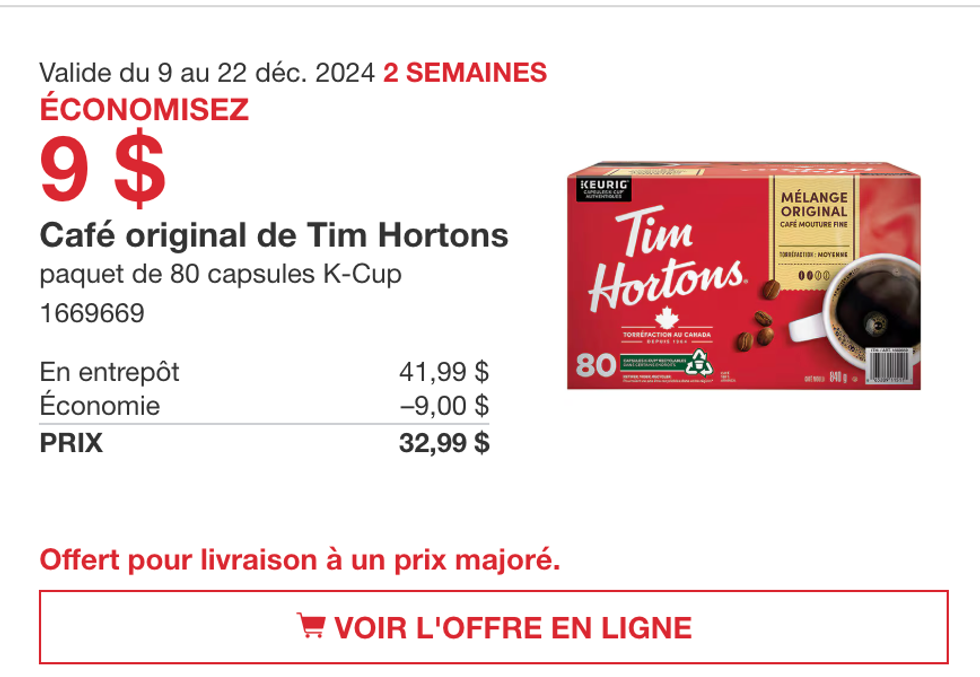Dosettes Keurig du caf\u00e9 original Tim Hortons en rabais sur le site de Costco Canada.