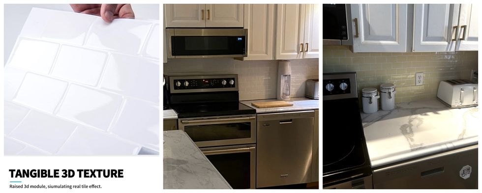 Dosseret collant blanc \u00e0 vendre sur Amazon. Centre : Cuisine blanche et grise avec les dosserets collants. Droite : La m\u00eame cuisine trois ans plus tard.