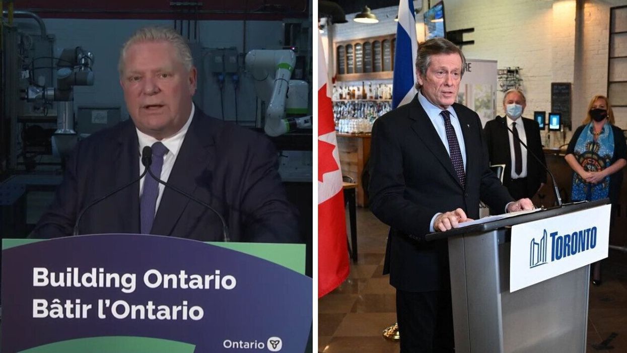 Doug Ford at a news conference on February 15, 2023. Right: John Tory speaking during an announcement.