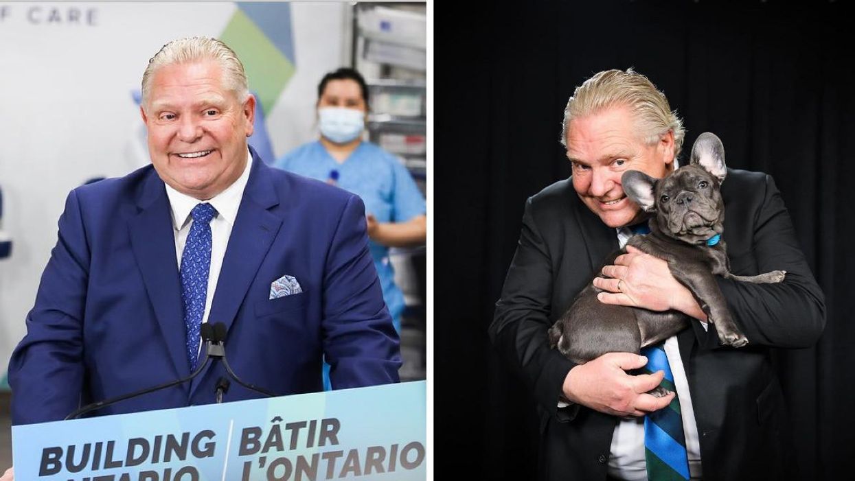 Doug Ford during a speech. Right: Doug Ford with a dog.