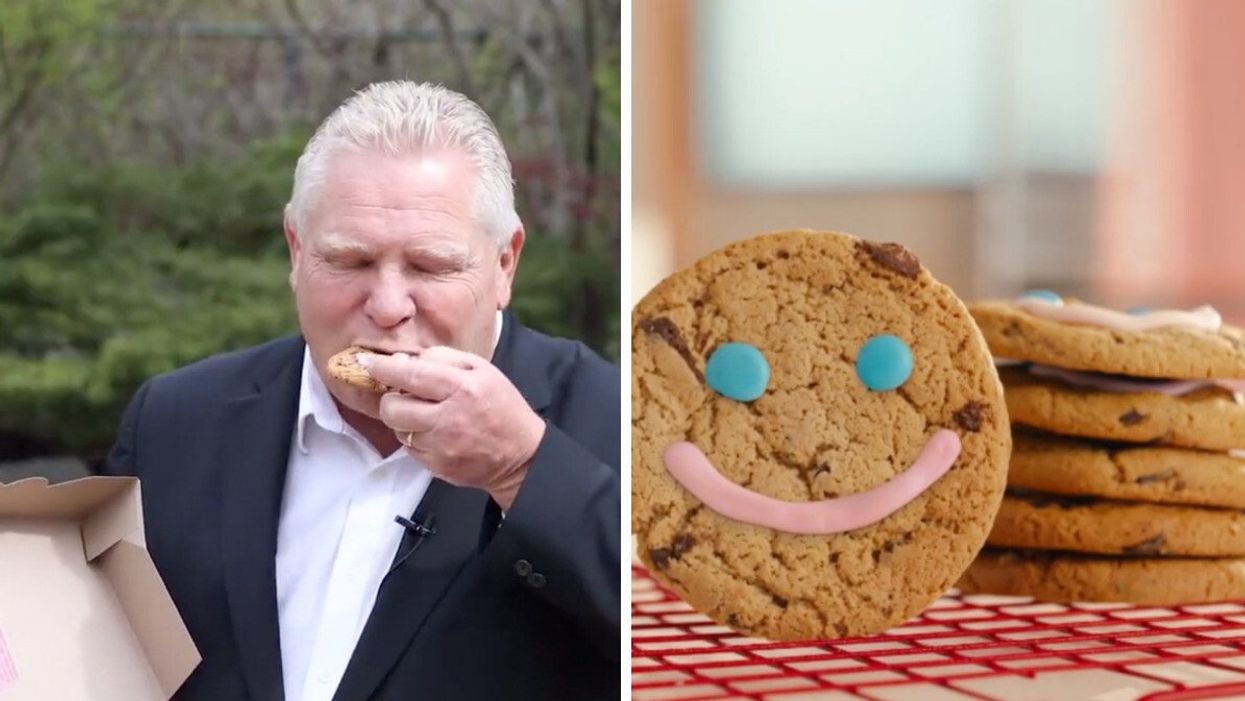 Doug Ford eating a Tim Hortons cookie. Right: A bunch of Smile Cookies from Tim Hortons.