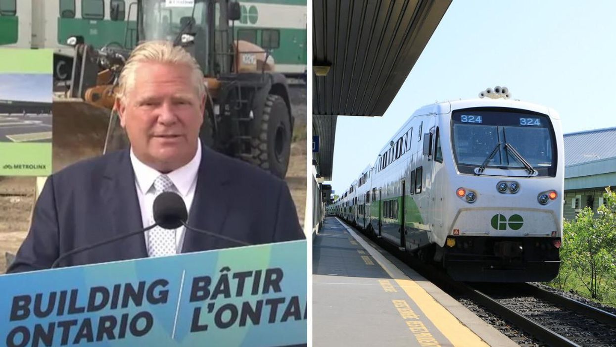 Doug Ford making an announcement in Hamilton. Right: GO train in Toronto.