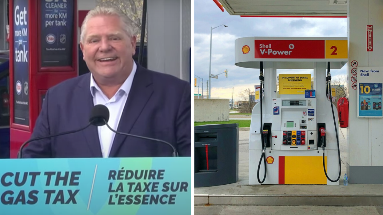 Doug Ford. Right: Gas pump.
