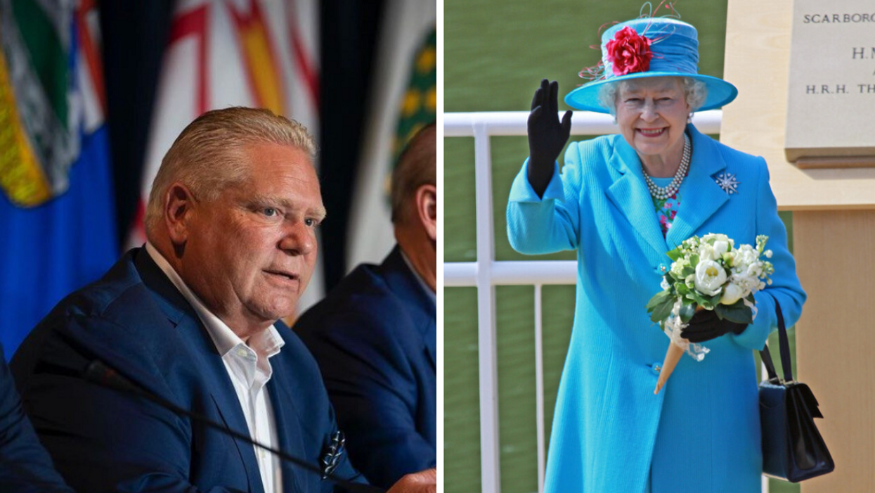 Doug Ford. Right: Queen Elizabeth II.